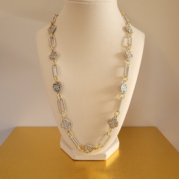 Silver and Gold Tone Necklace with Rhinestones. Glass Crystals. Toggle Clasp. - Picture 3 of 12